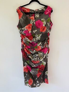 Talbot Runhof Floral Ruched Cocktail Sheath Dress Roses Pink Gray Size 16